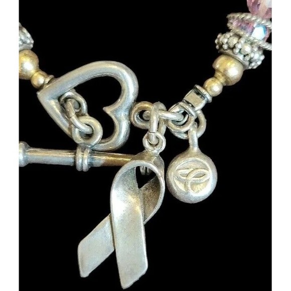 2 Australian Crystals Breast Cancer Sterling Ribbon Charm Bracelets 7.5" - Picture 3 of 6